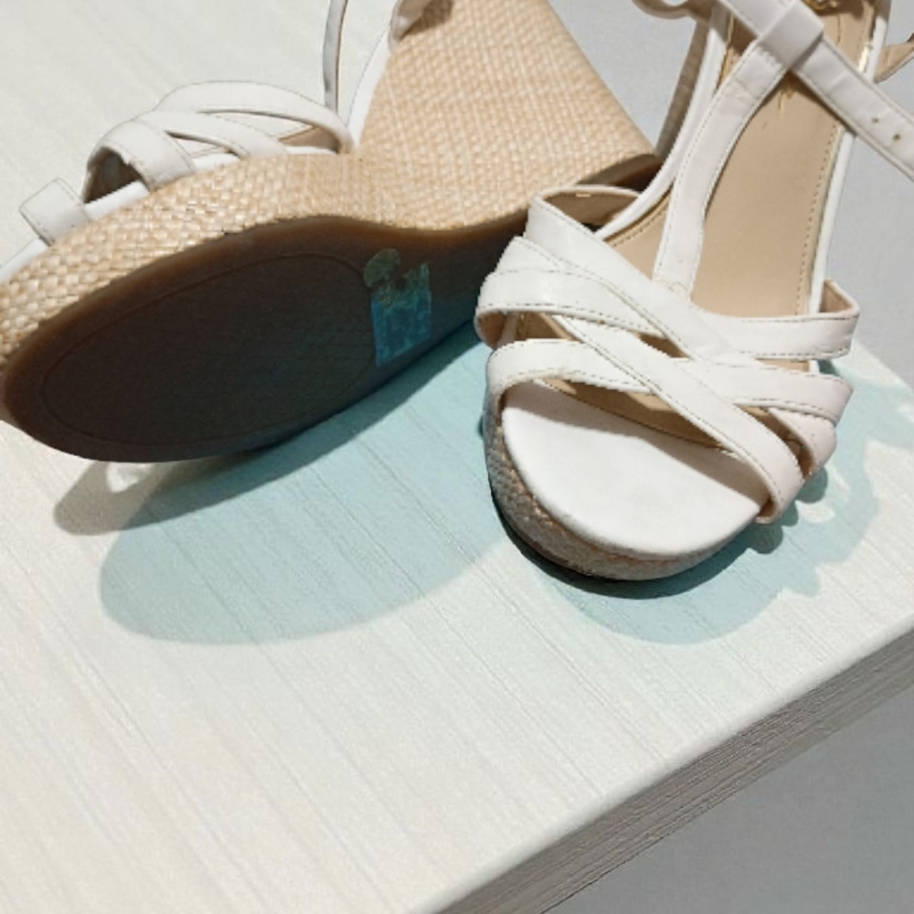 Elegant White Strappy Wedge Sandals...